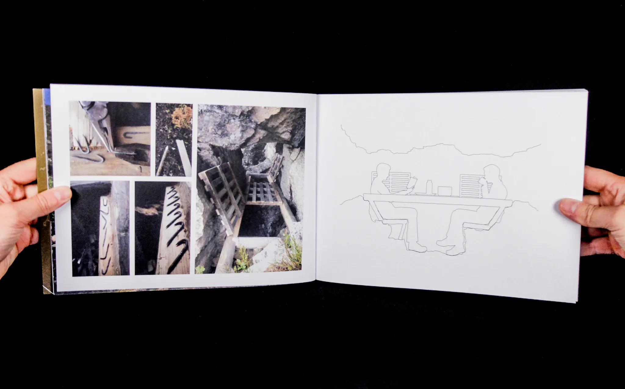 A double page spread: the left hand page features images of wooden structures in cave-like places, and the right page features an illustration of two people sitting at a table in a cave