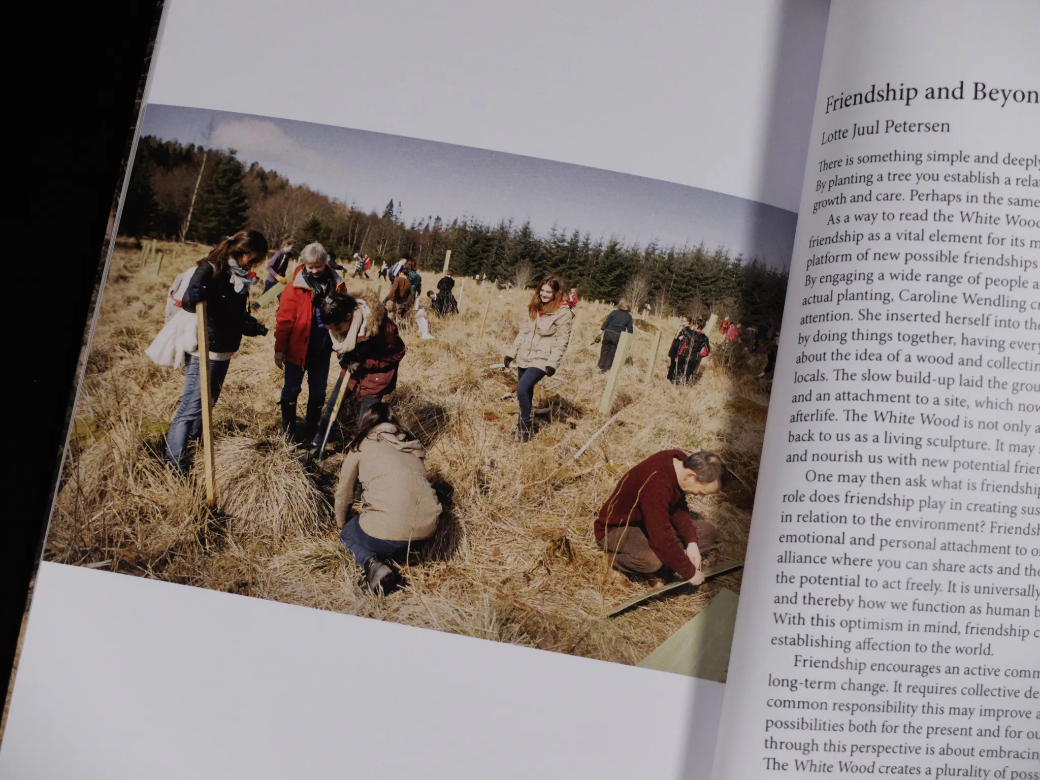A close up of an image featured in the book, including several people chatting and digging, surrounded by long brown grass and trees on the horizon. 