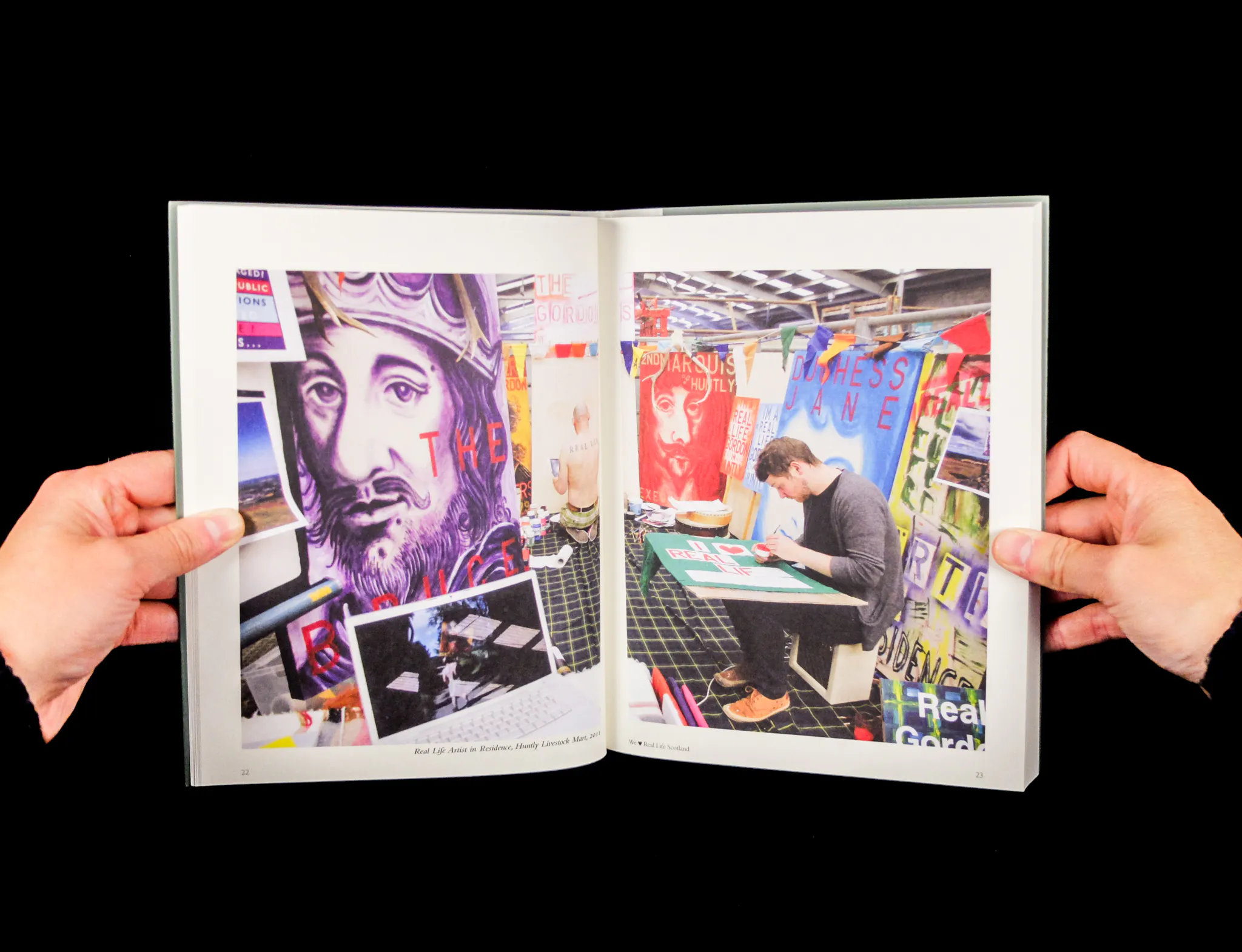 A double page spread featuring images of bright paintings, and a person painting fabric