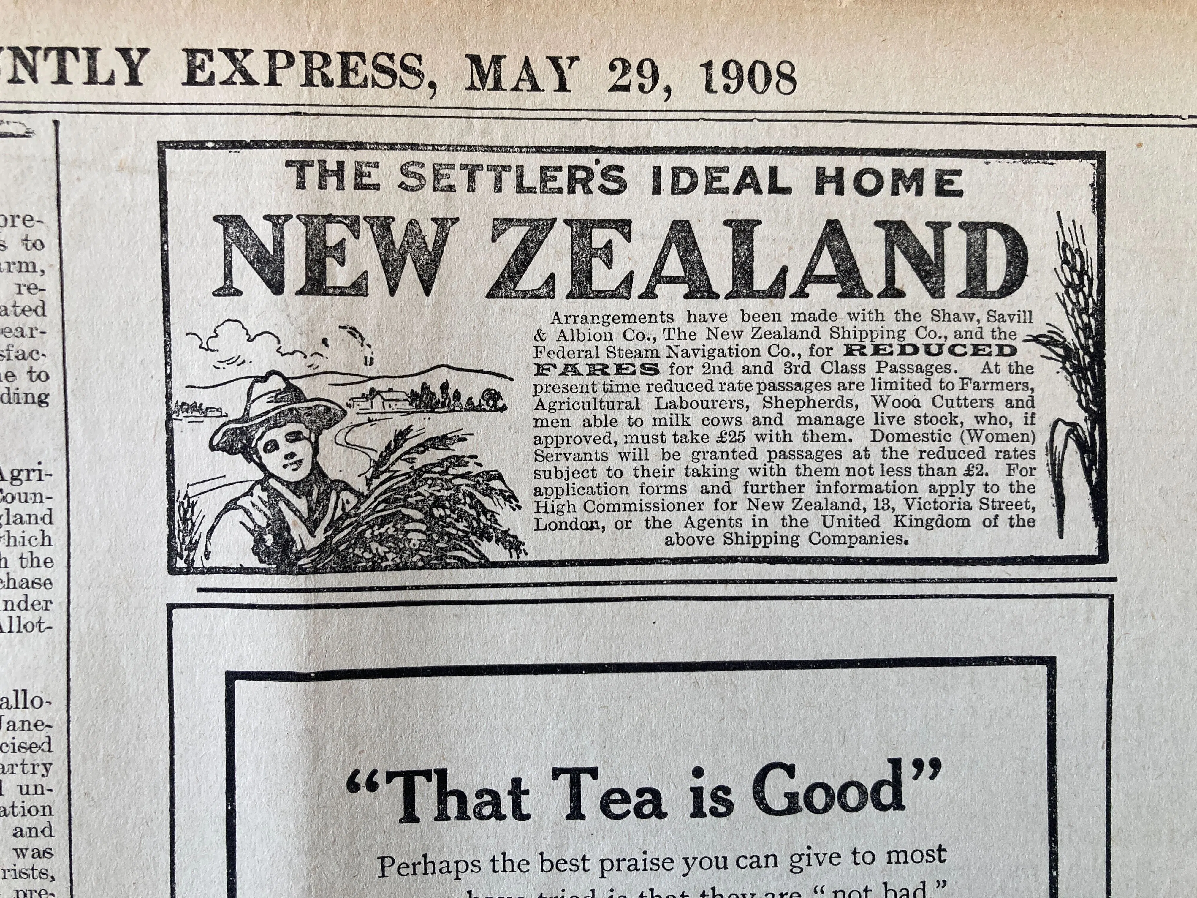 A newspaper article from the Huntly Express, dated 29 May 1908, with an advertisement for settlers to travel to New Zealand.
