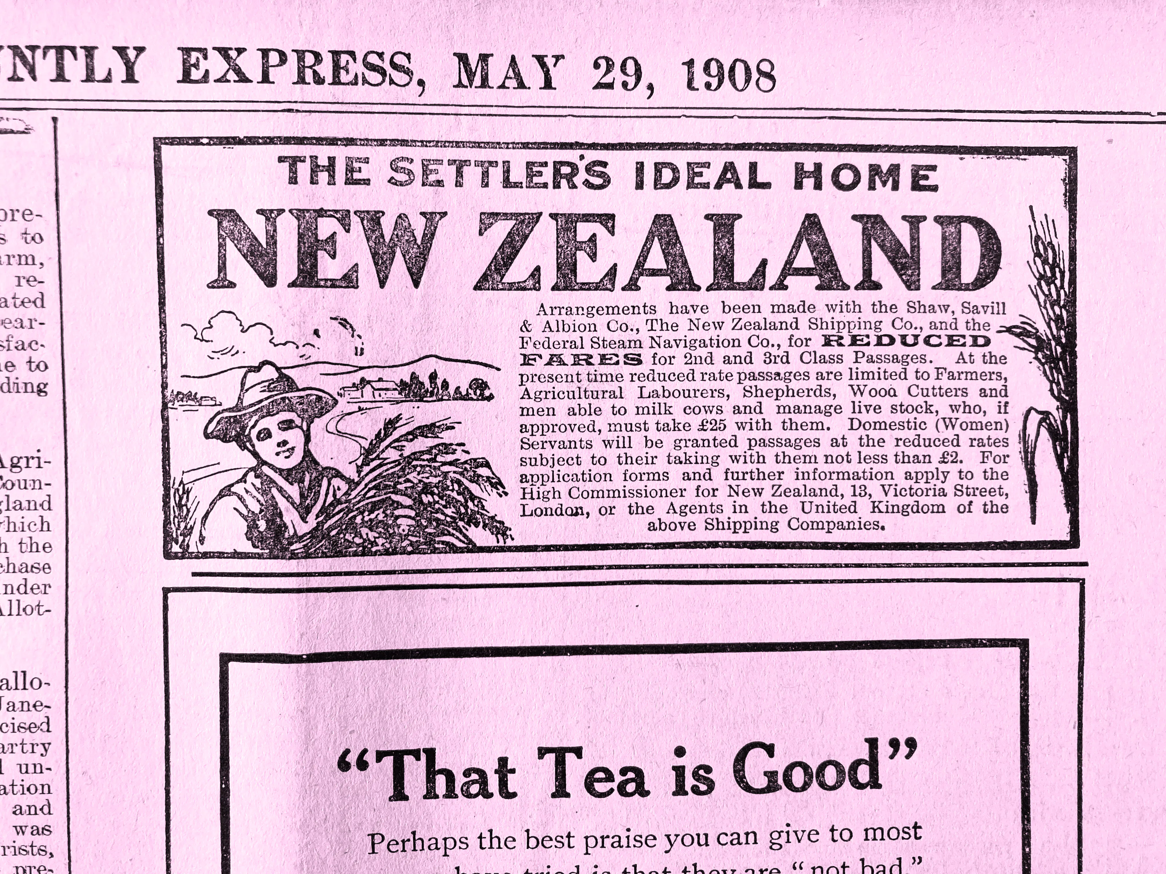 A newspaper article from the Huntly Express, dated 29 May 1908, with an advertisement for settlers to travel to New Zealand.