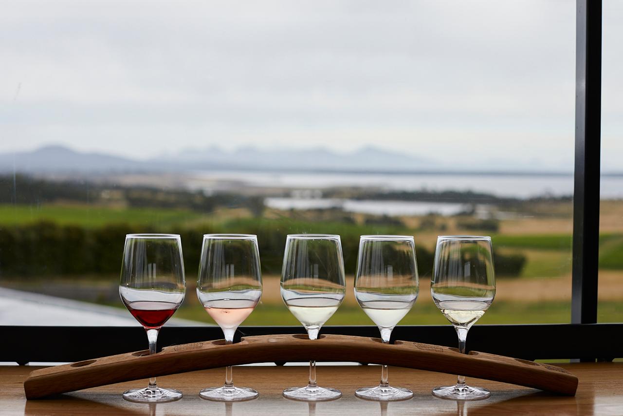 Devil's Corner tasting paddle with the view of the Hazards in the background