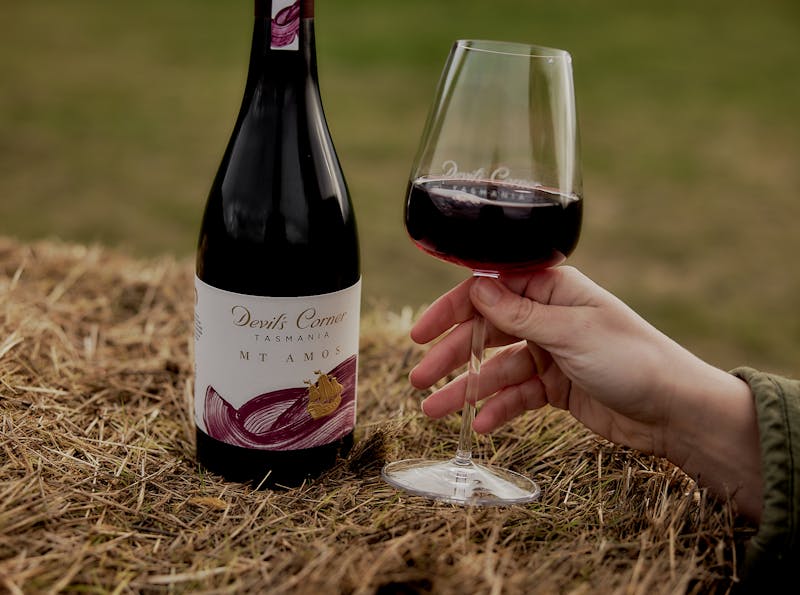 A bottle of Devil's Corner Mt Amos Pinot Noir on a hay bale