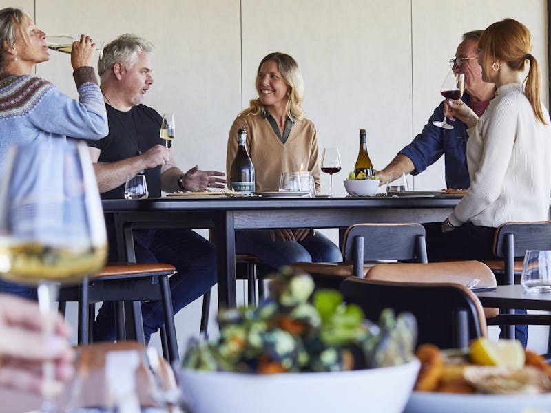 Group of friends enjoying food and wine