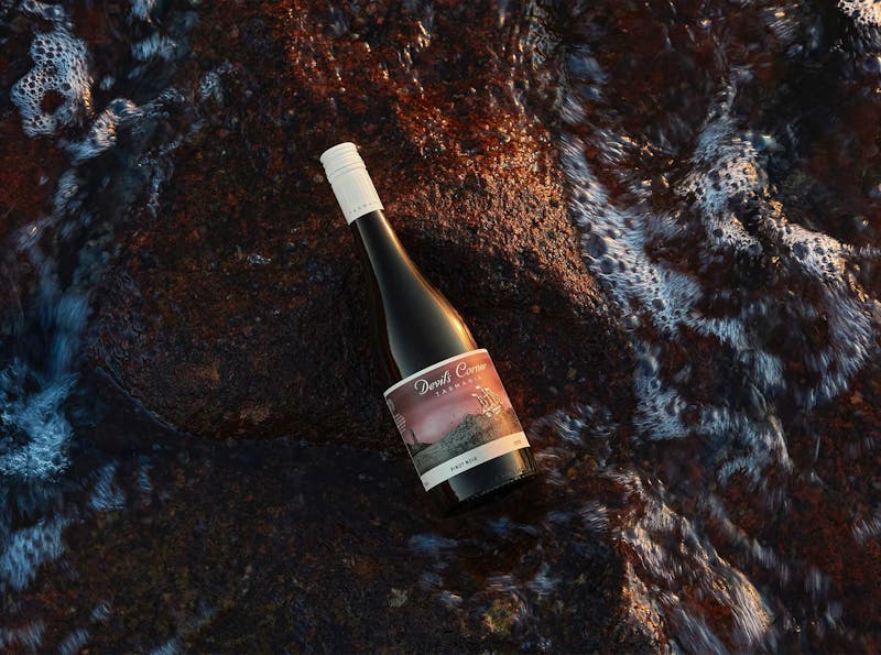 Devil's Corner Pinot Noir laying flat among the rocks and water