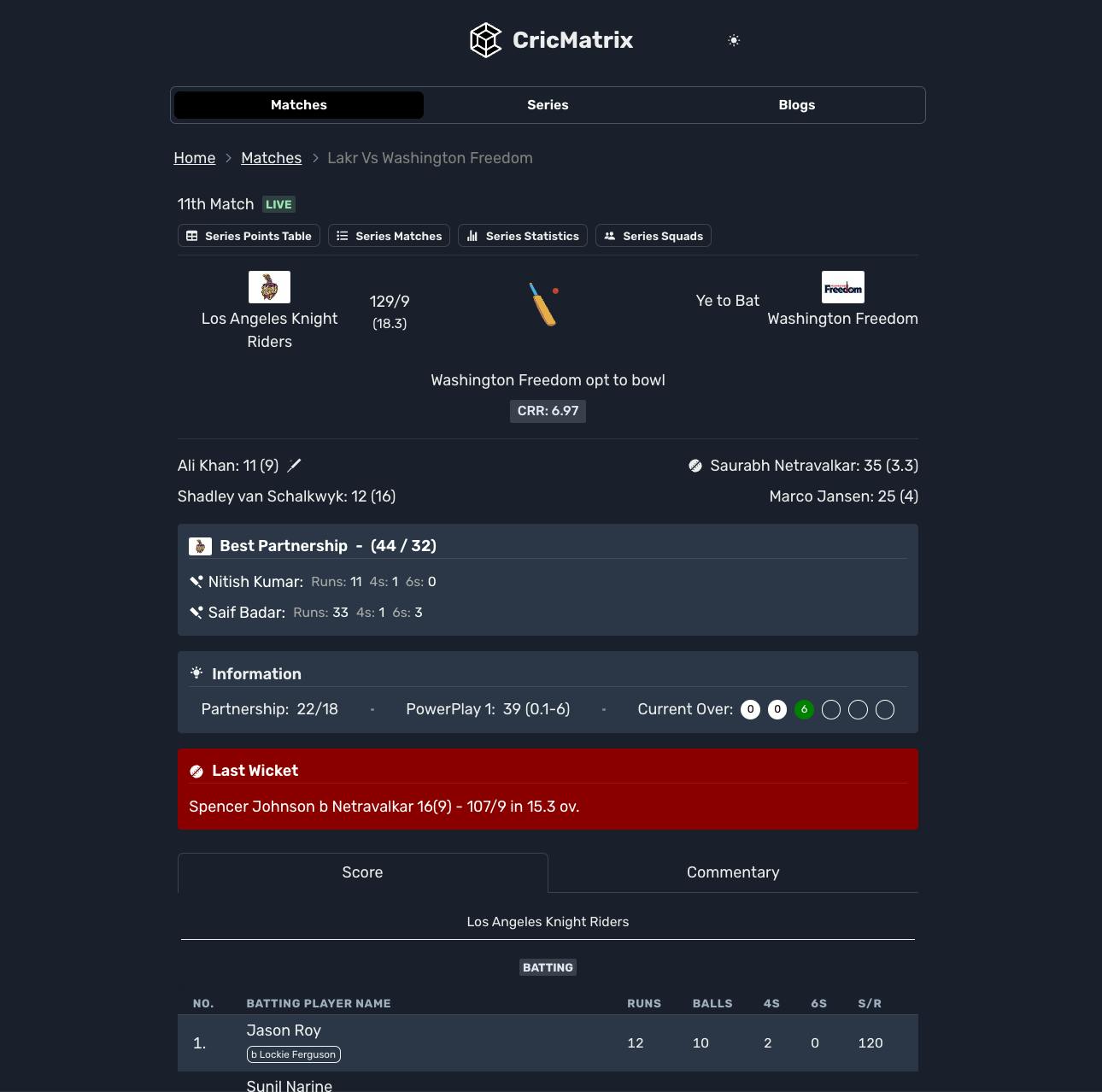 CricMatrix - Match Page