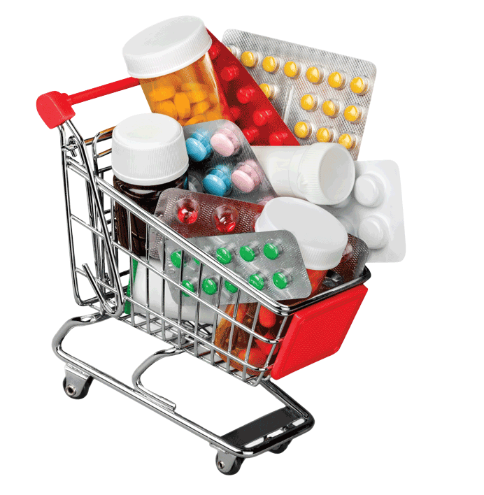 A small shopping cart with a variety of prescription bottles inside.