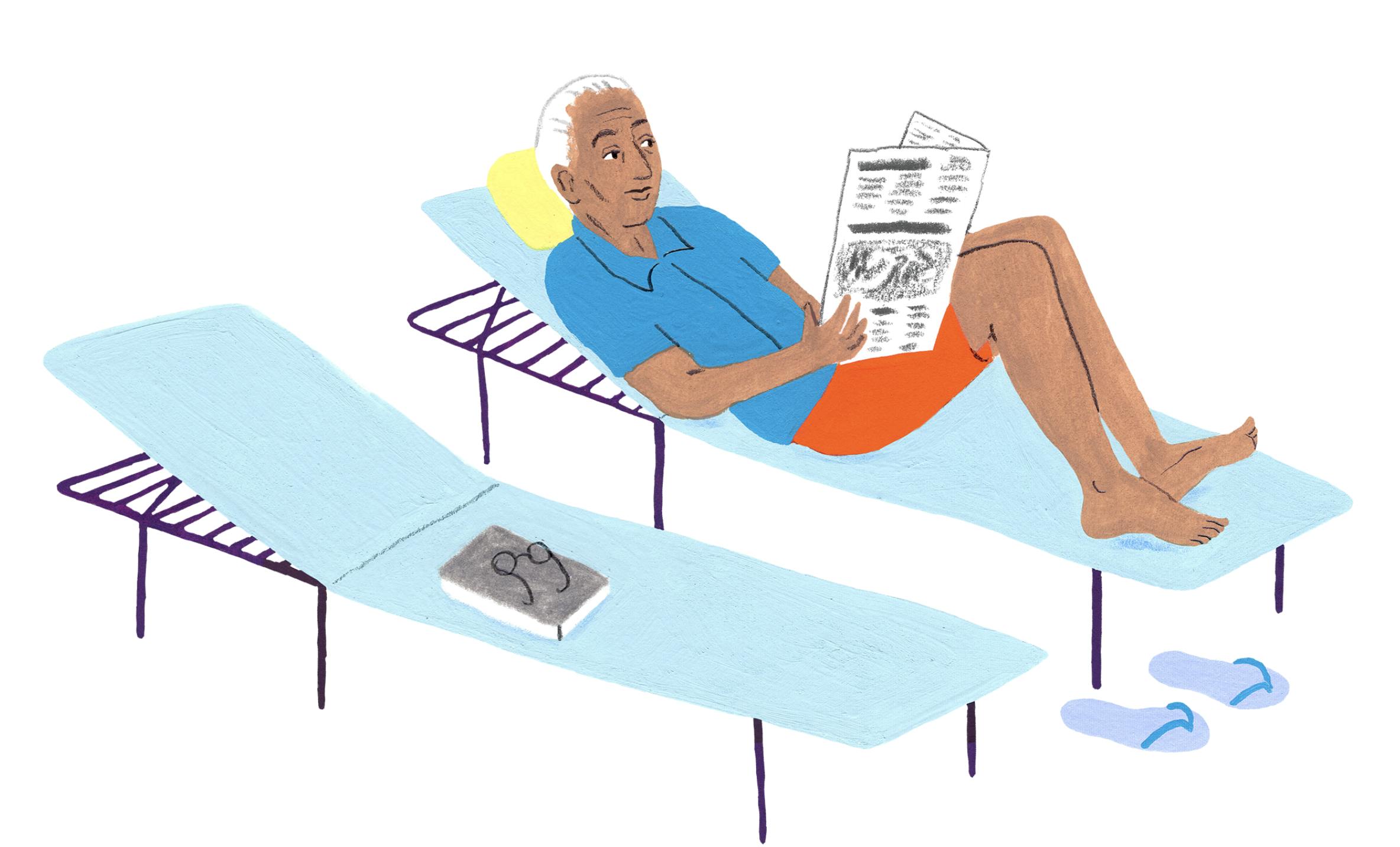 a man reads a newspaper in a beach chair