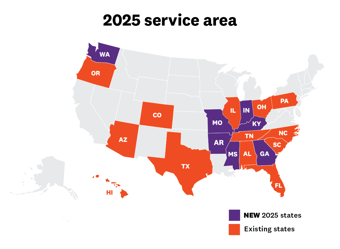 Map of the United States showing Devoted Health's 2025 service areas. Confidential.