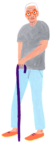 Illustration of a man walking with a cane.
