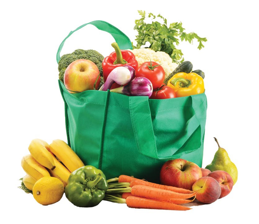 Green tote bag full of fruits and vegetables.