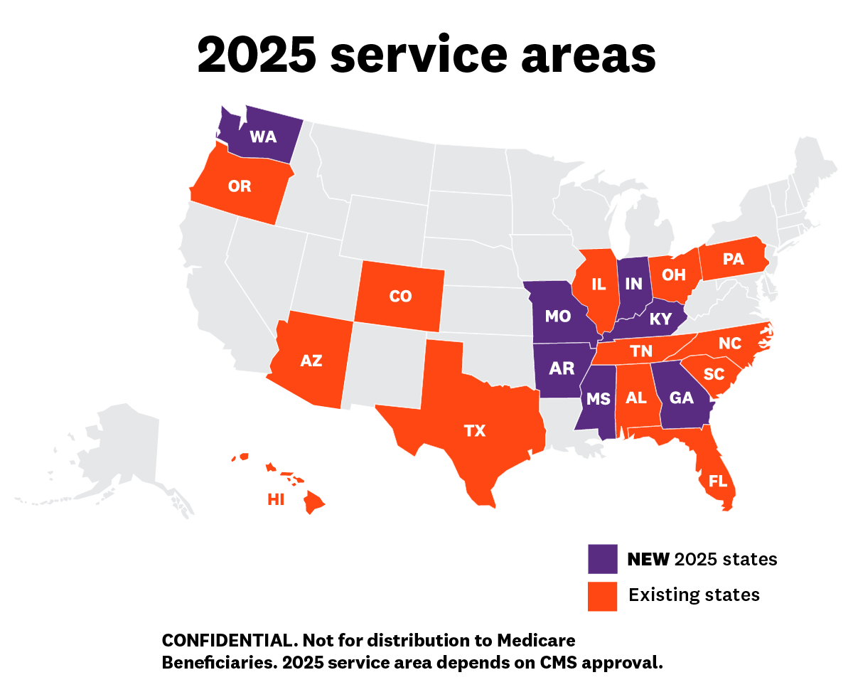 Map of the United States showing Devoted Health's 2025 service areas. Confidential. Not for distribution to Medicare Beneficiaries. 2025 service area depends on CMS approval.