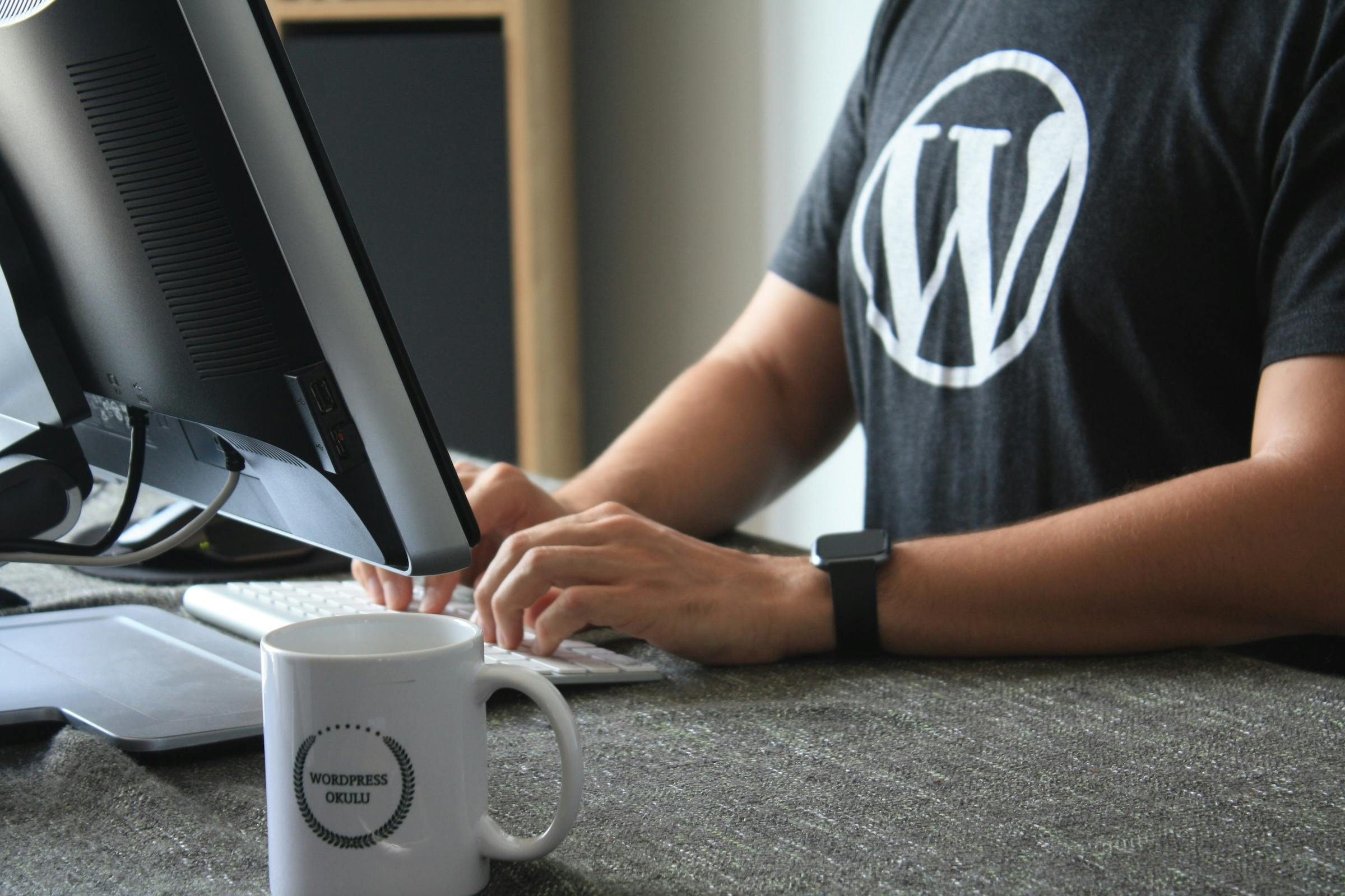 Mann mit WordPress-T-Shirt vor einem Bildschirm