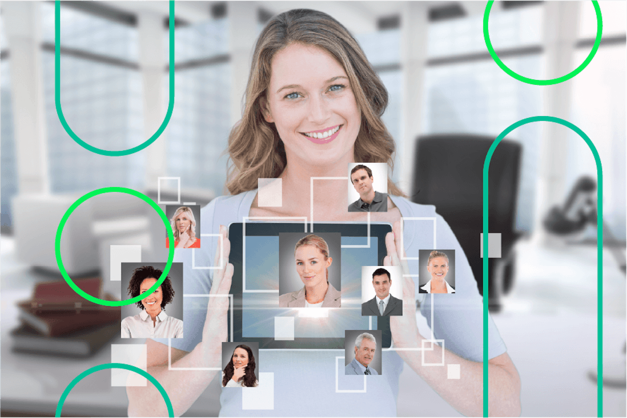 Woman holding a tablet with profile images, symbolizing networking in an office.