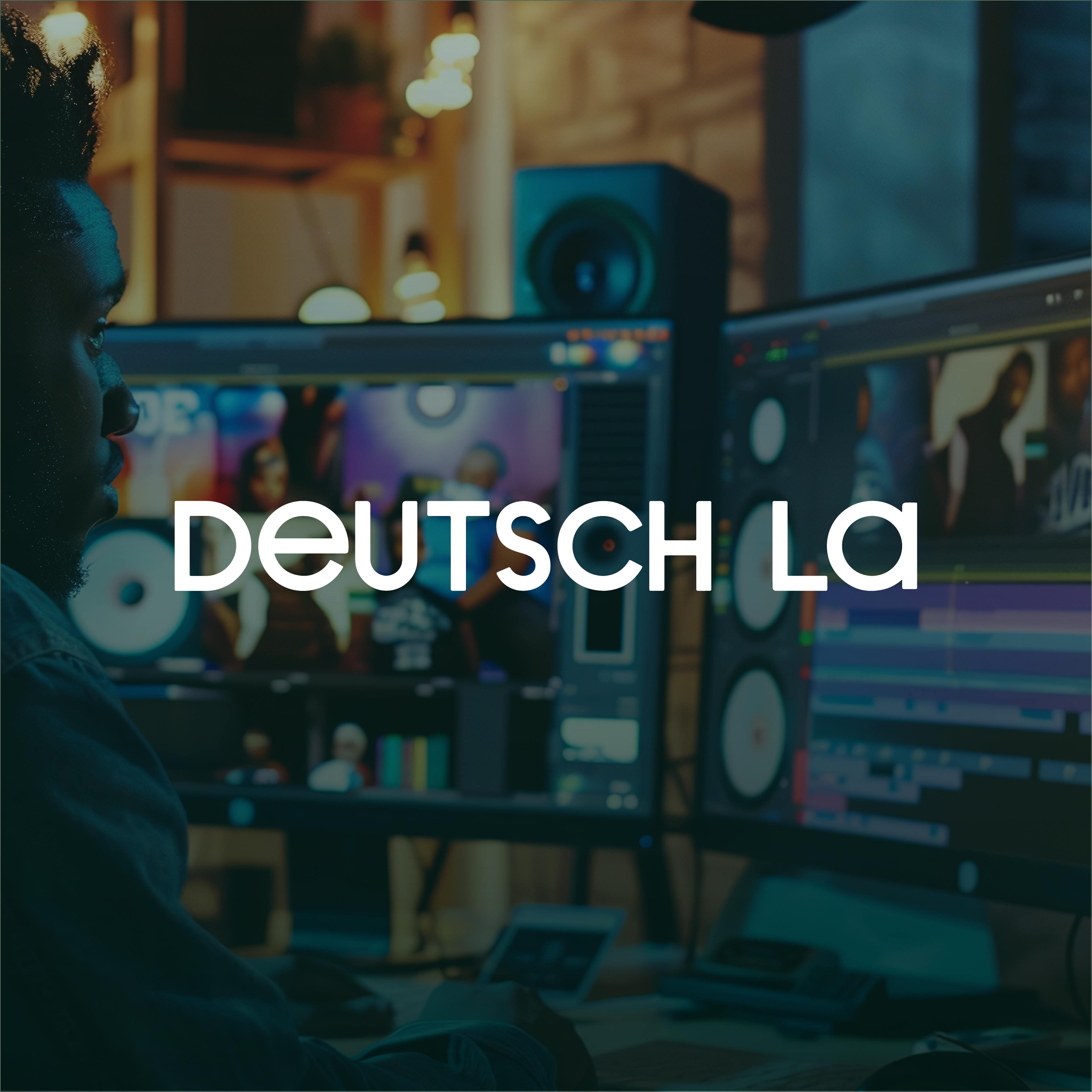 Video editor working on a project with DEUTSCH LA branding on the screen