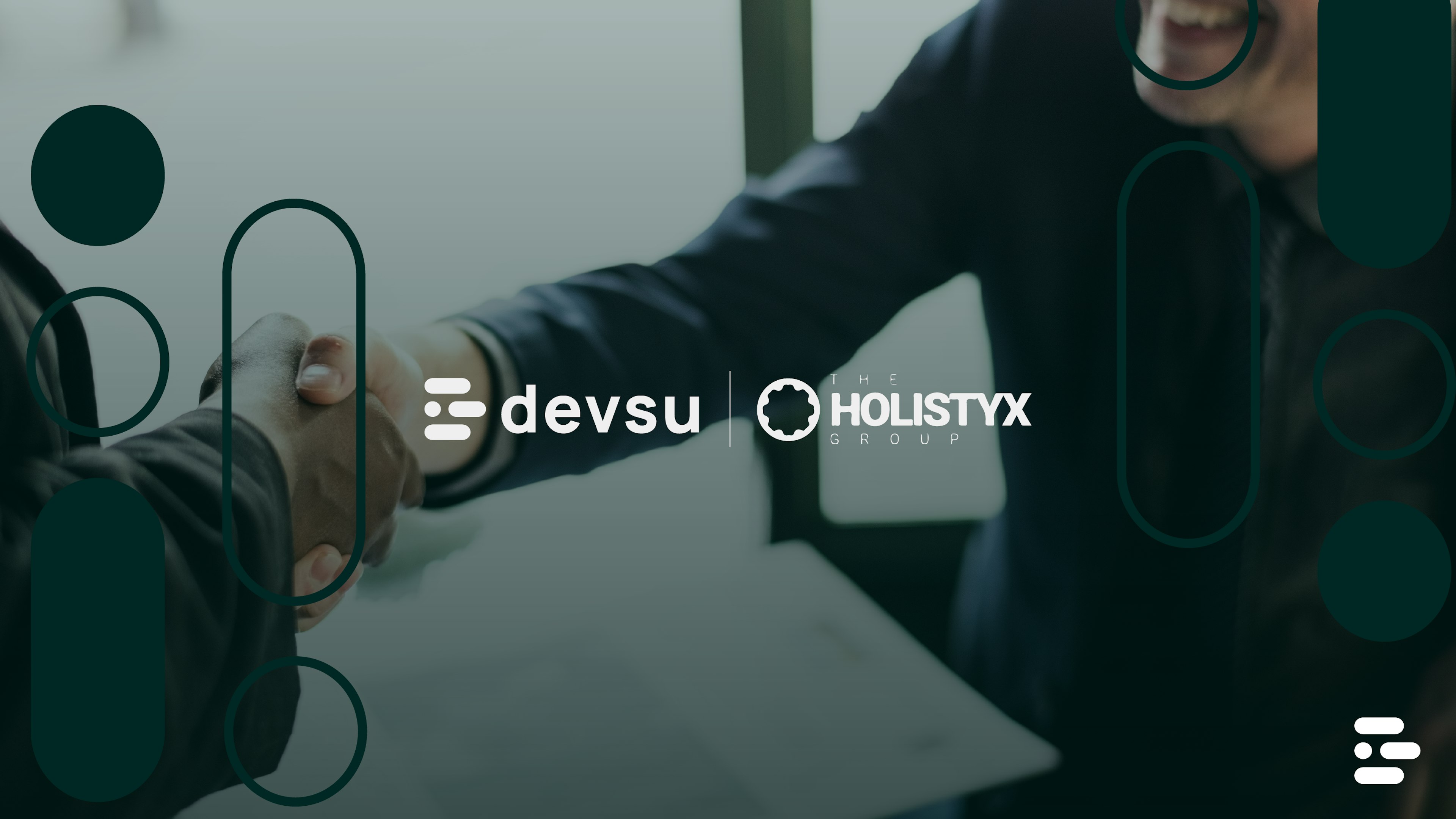 Handshake between two people with Devsu and Holistyx logos