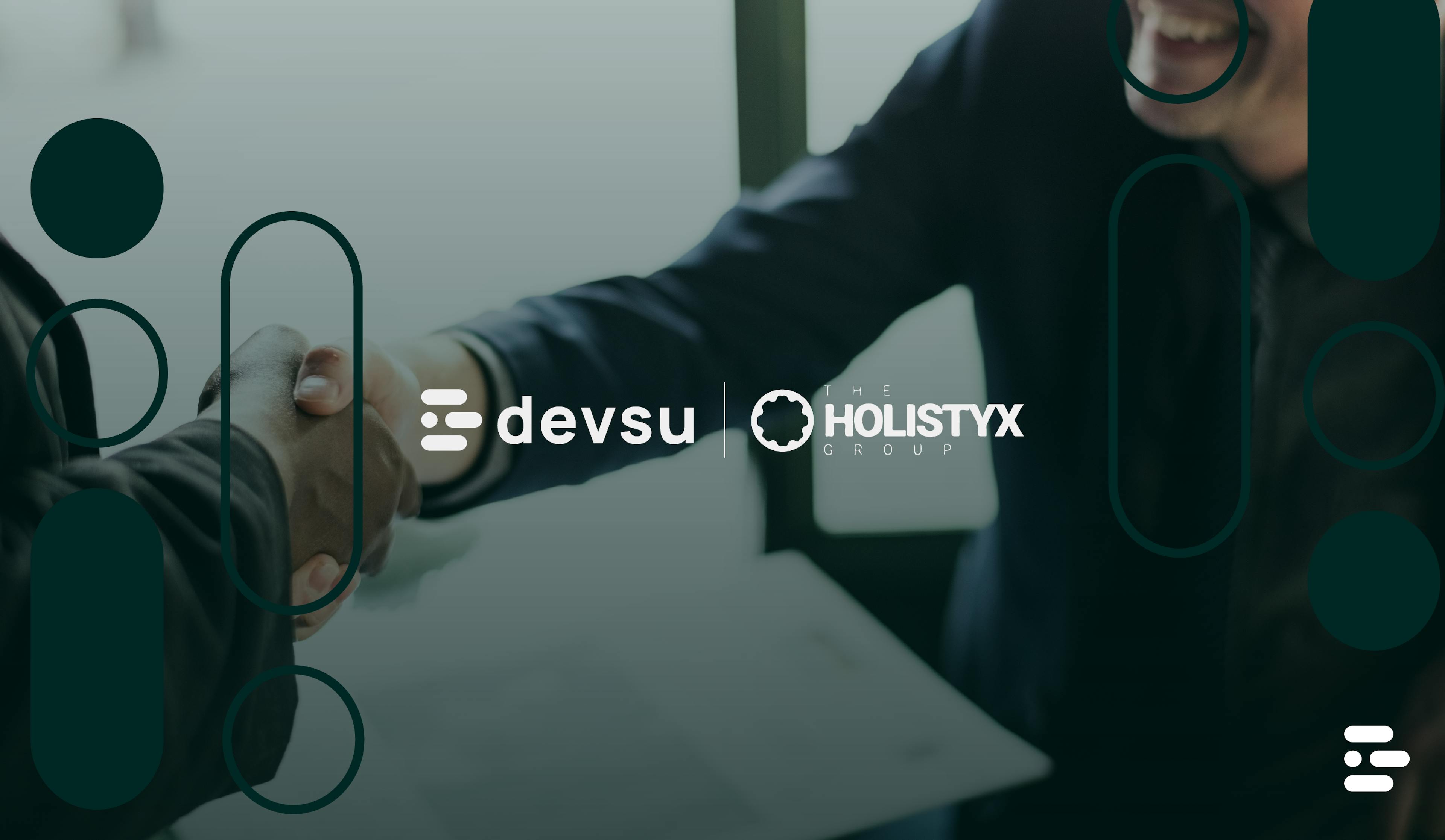 Handshake between two people with Devsu and Holistyx logos