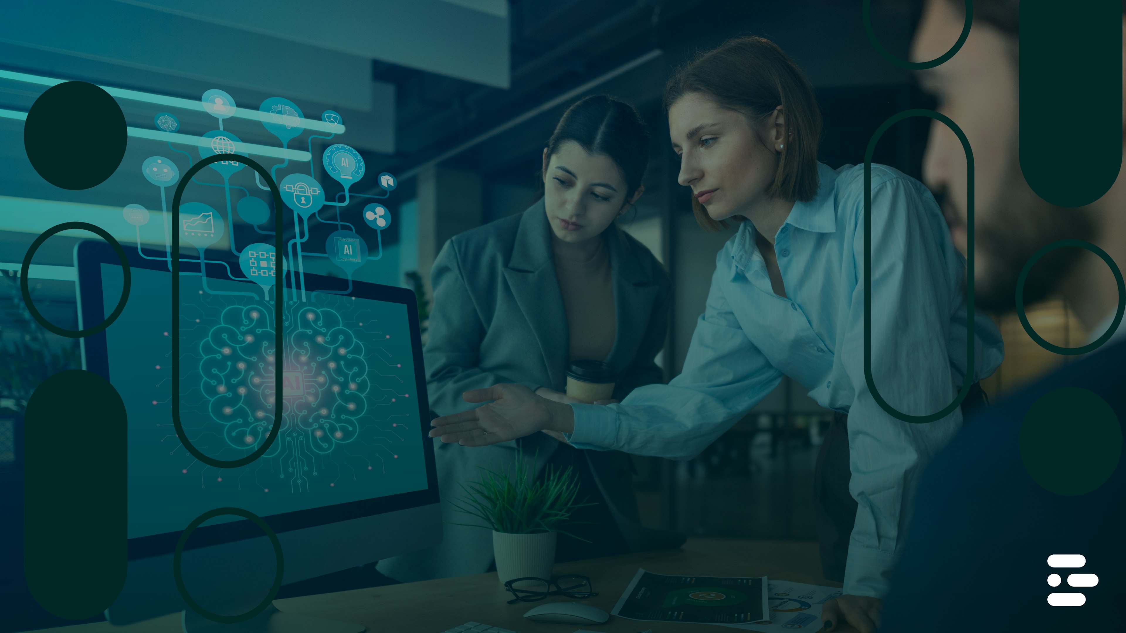 Two women discussing AI displayed on a computer screen