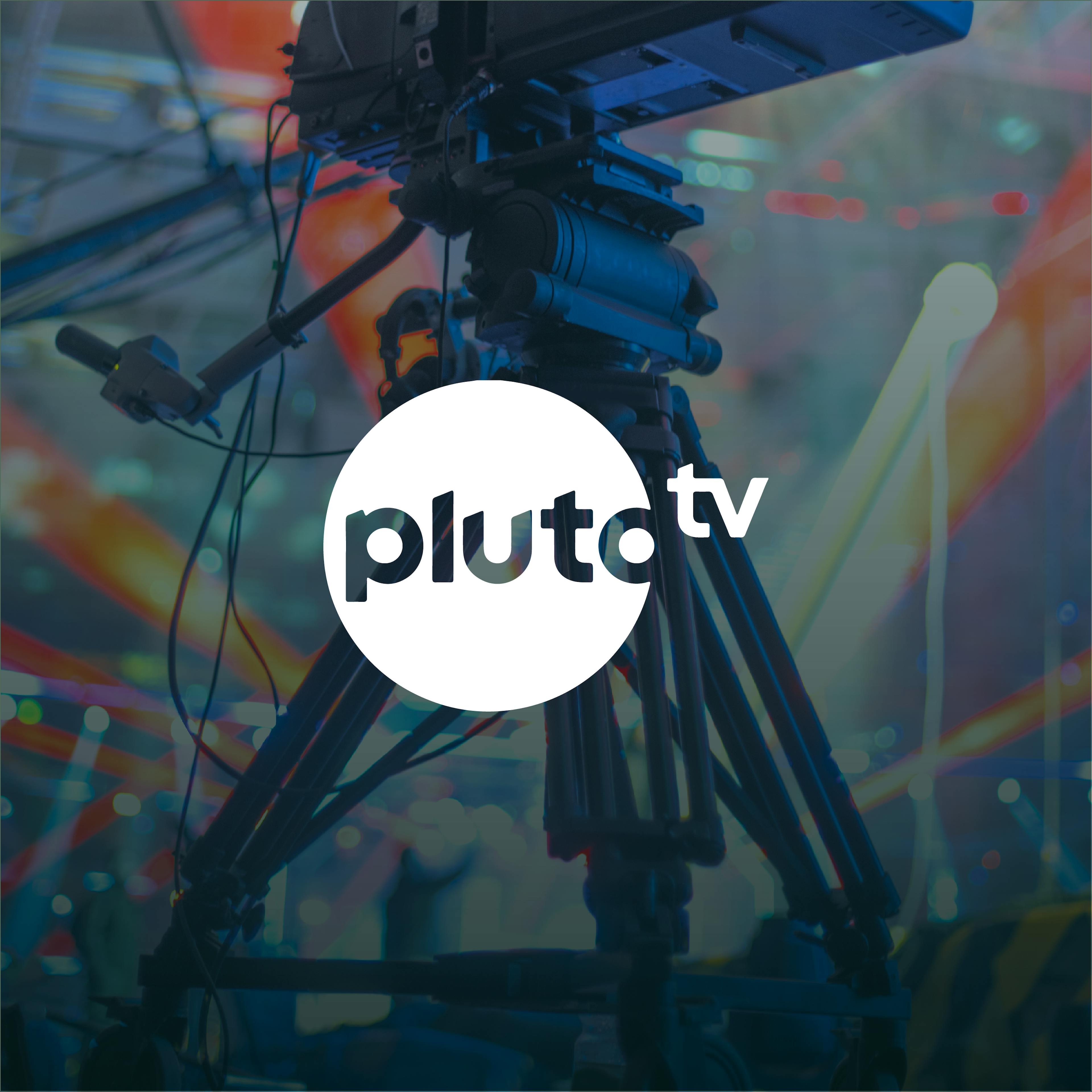 Pluto TV logo on a camera setup background