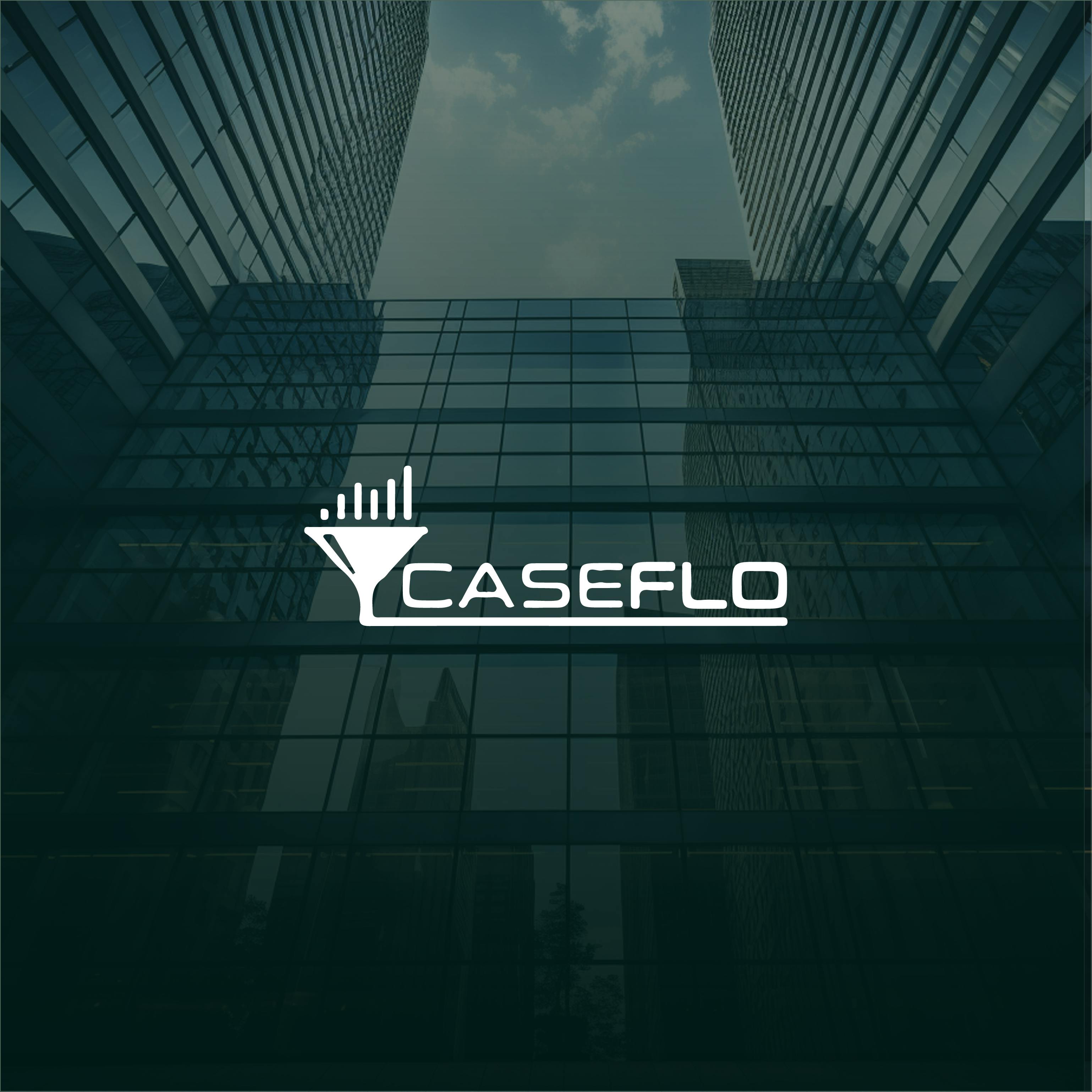 Caseflo logo on a modern glass building background