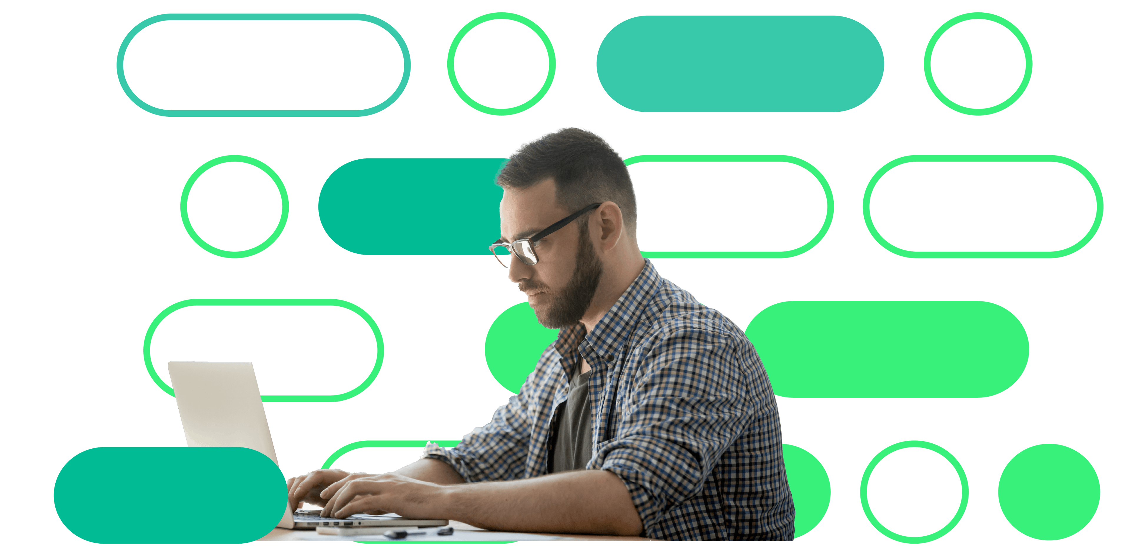 Man working on a laptop with abstract green and white design elements in the background.