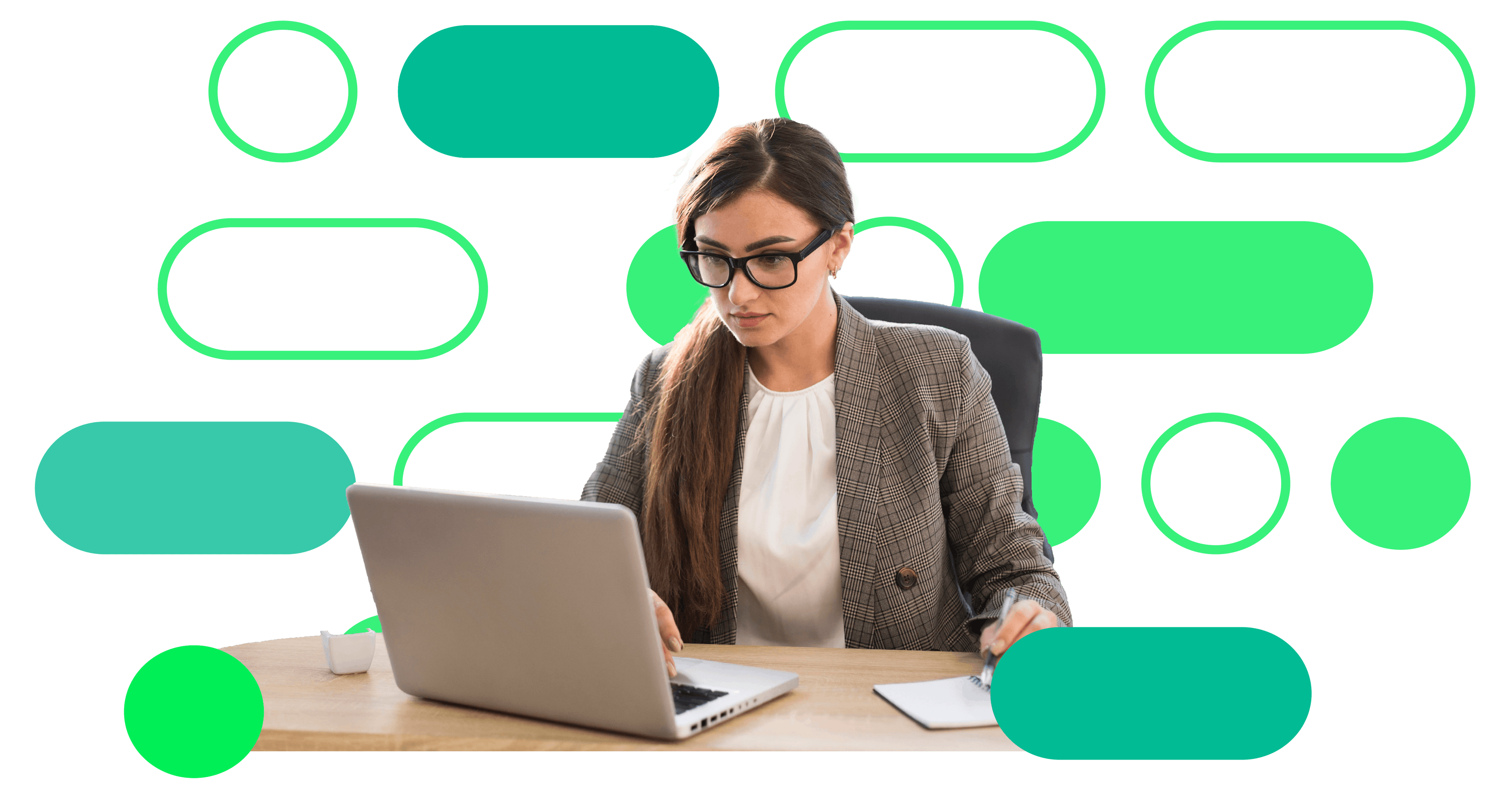 Woman working on a laptop with abstract green design elements in the background.