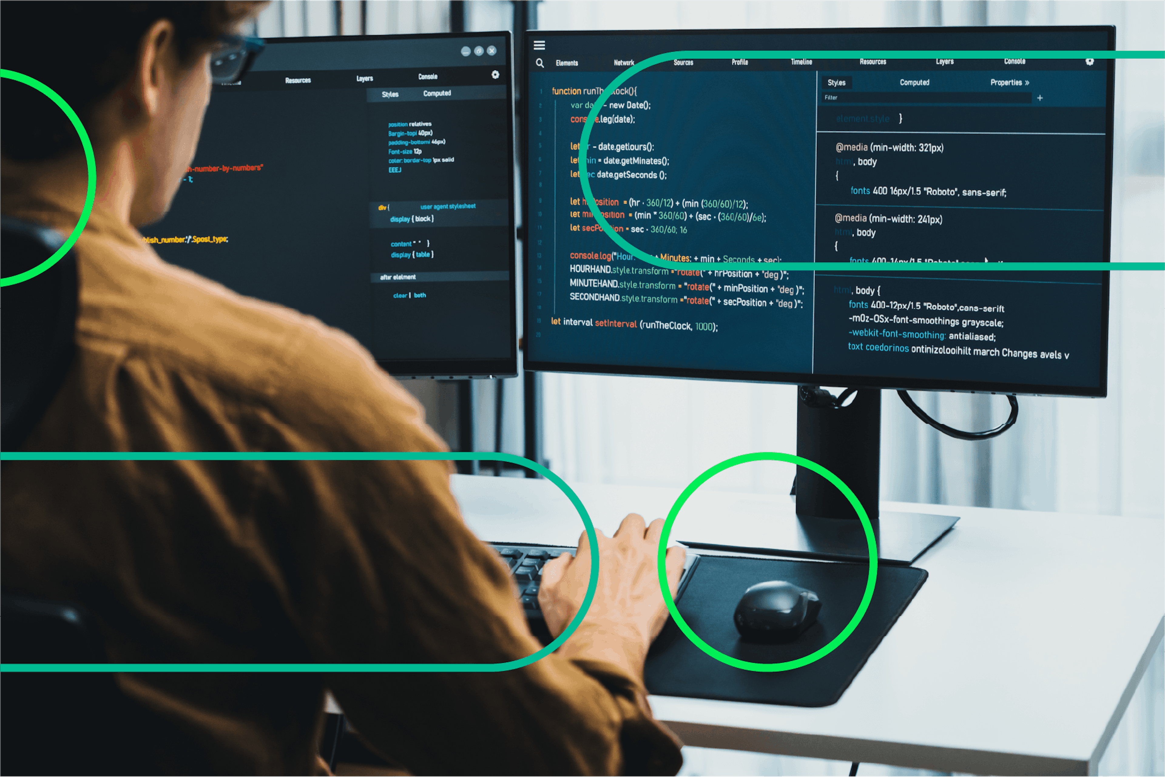 Developer working on multiple monitors with code and development tools displayed