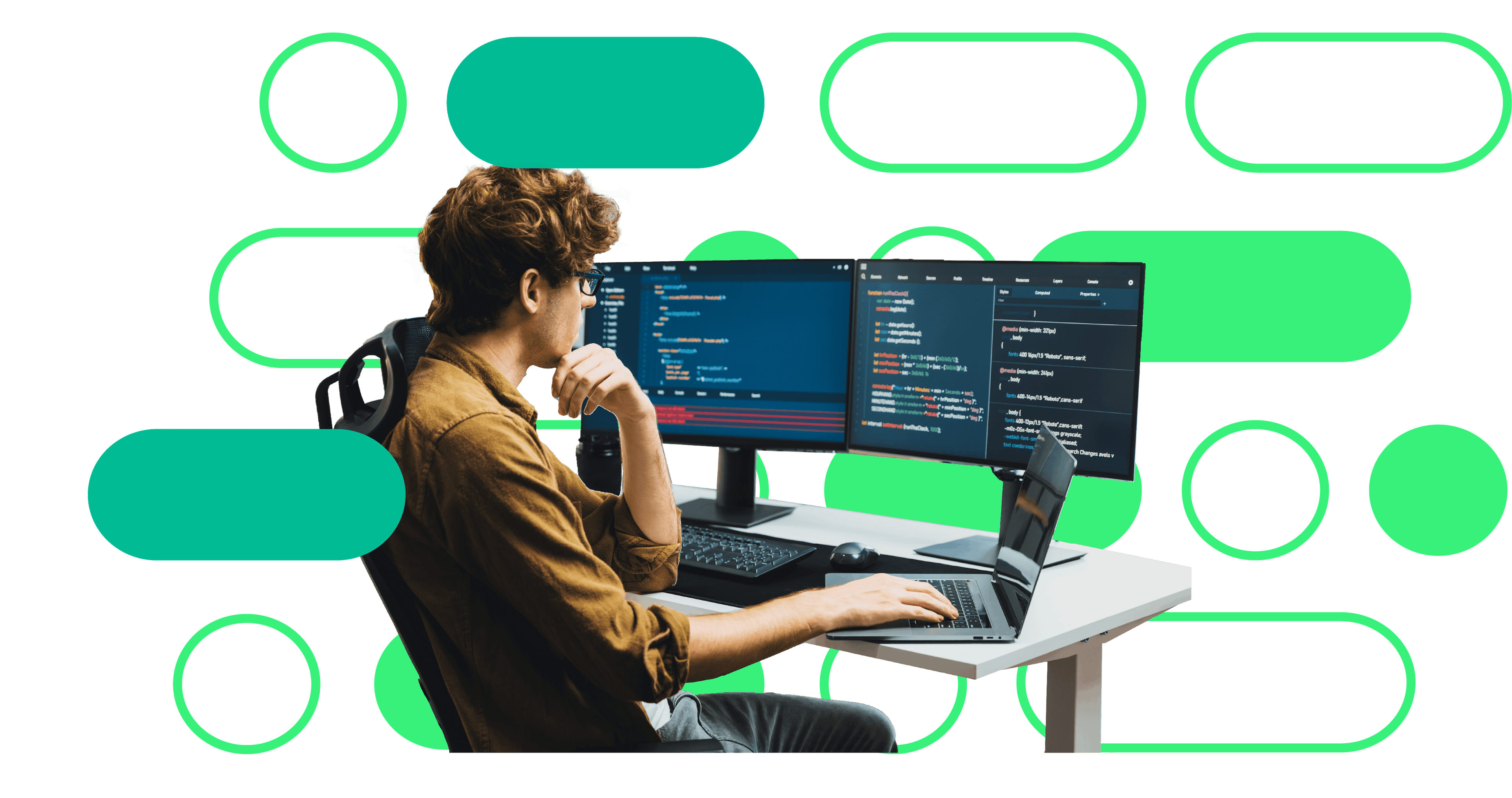 Programmer sitting at a desk, coding on multiple monitors with design elements in the background.