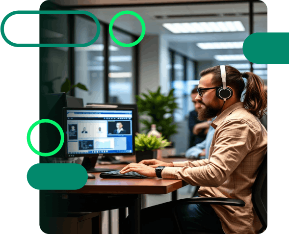 Support technician on a video call in a modern office