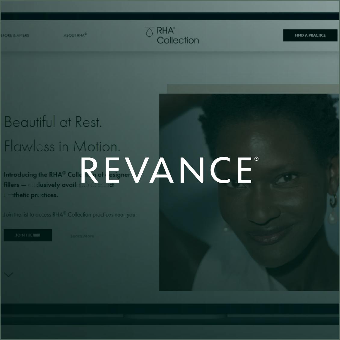 Revance logo on a beauty-focused webpage suggesting elegance and sophistication