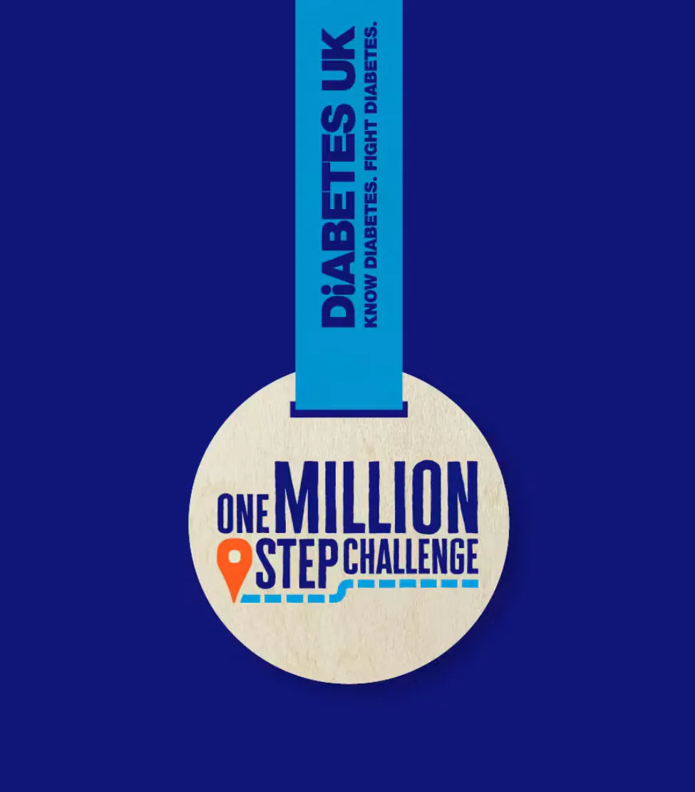 Graphic of a Diabetes UK medal with a blue ribbon, featuring the text ‘One Million Step Challenge.’