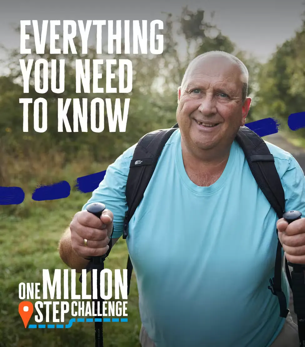 Person hiking outdoors with walking poles, wearing a light blue shirt and backpack, with text reading ‘Everything You Need to Know’ and ‘One Million Step Challenge.’
