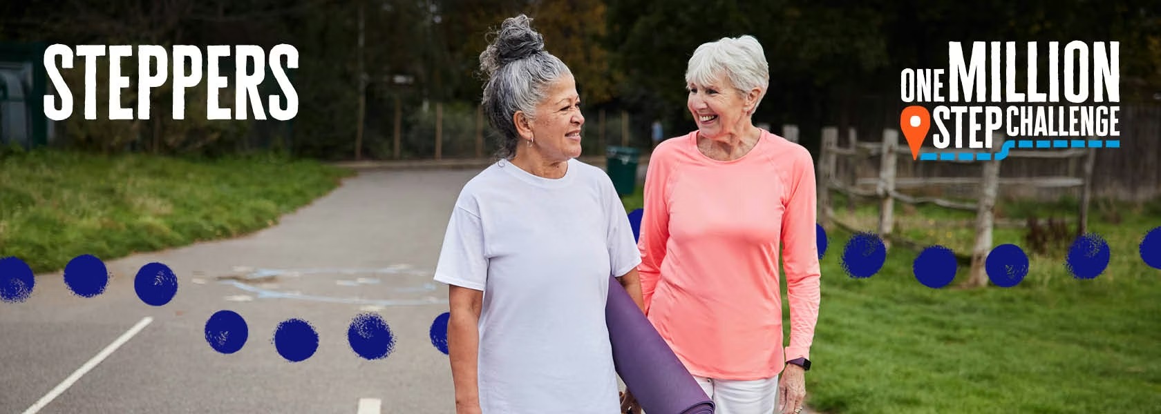Two people walk together outdoors, one carrying a rolled yoga mat, promoting the One Million Step Challenge.
