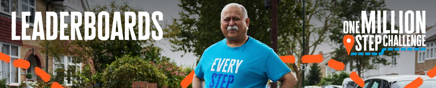 A person wearing a blue “Every Step Counts” T‑shirt stands on a residential street with “Leaderboards” and One Million Step Challenge branding.