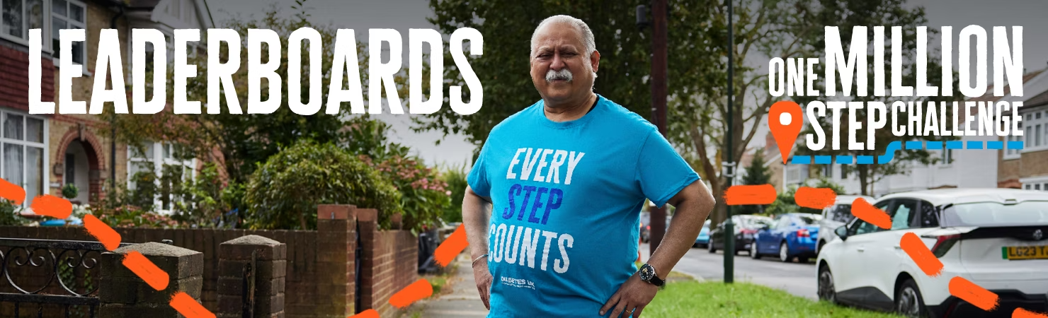 A person wearing a blue “Every Step Counts” T‑shirt stands on a residential street with “Leaderboards” and One Million Step Challenge branding.