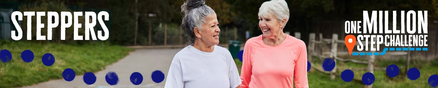 Two people walk together outdoors, one carrying a rolled yoga mat, promoting the One Million Step Challenge.