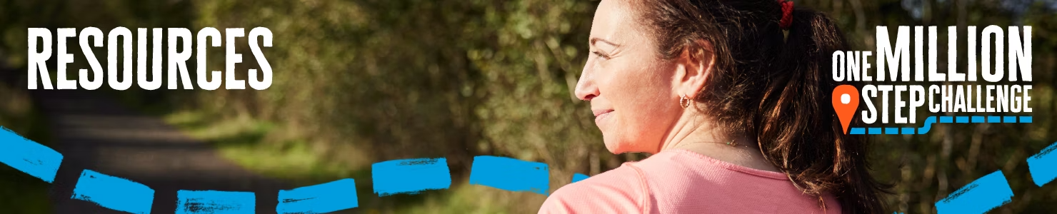 A person in a pink top stands on a sunlit woodland path, with “Resources” and One Million Step Challenge branding.