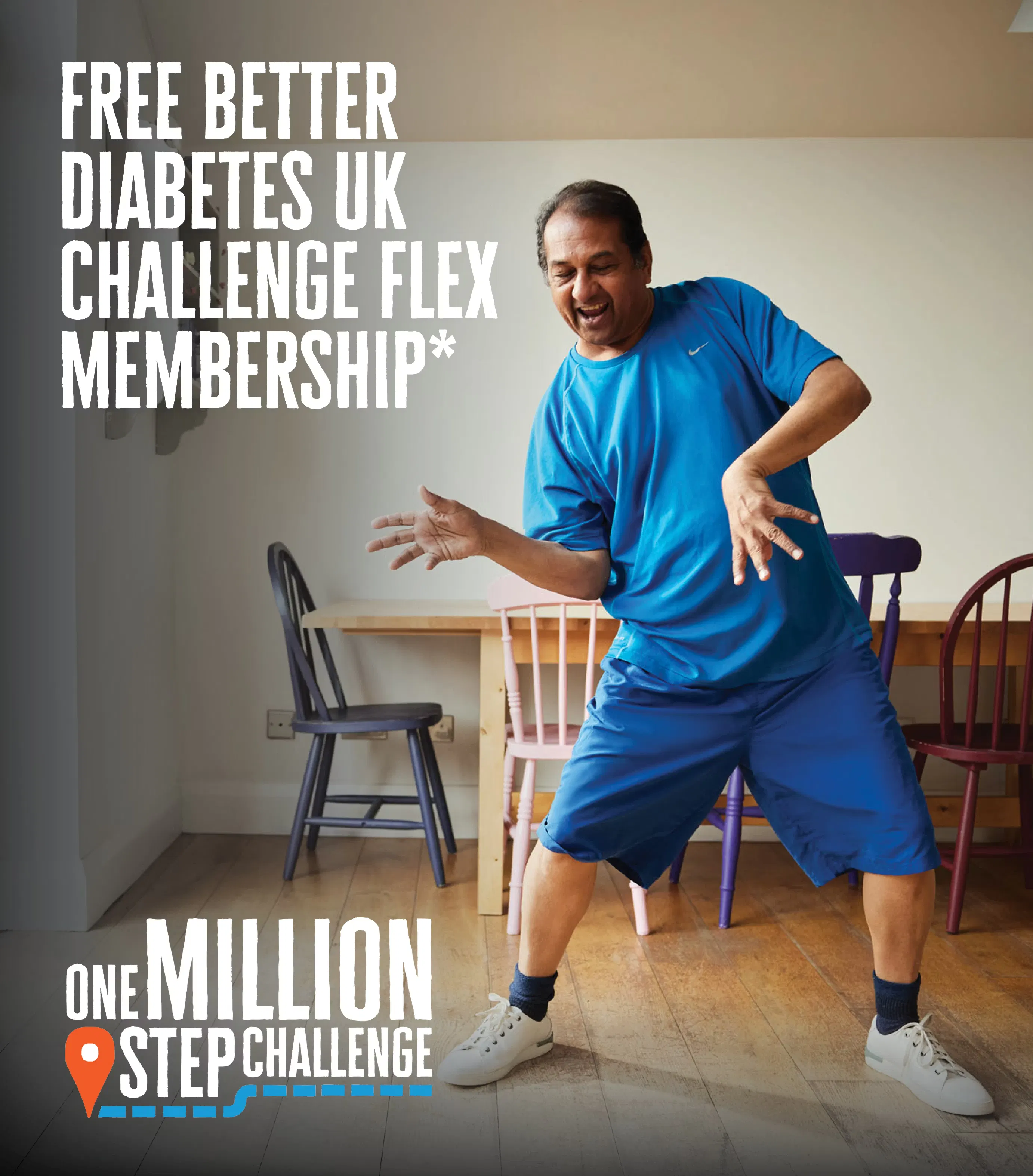 A person in blue sportswear strikes a playful pose in a room with wooden chairs, promoting a free Diabetes UK Challenge Flex membership for the One Million Step Challenge.