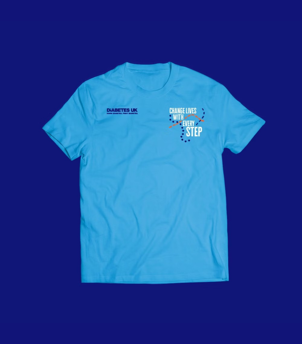 Image of a Diabetes UK t shirt on a dark blue background
