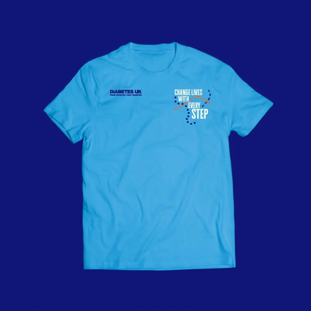 Image of a Diabetes UK t shirt on a dark blue background