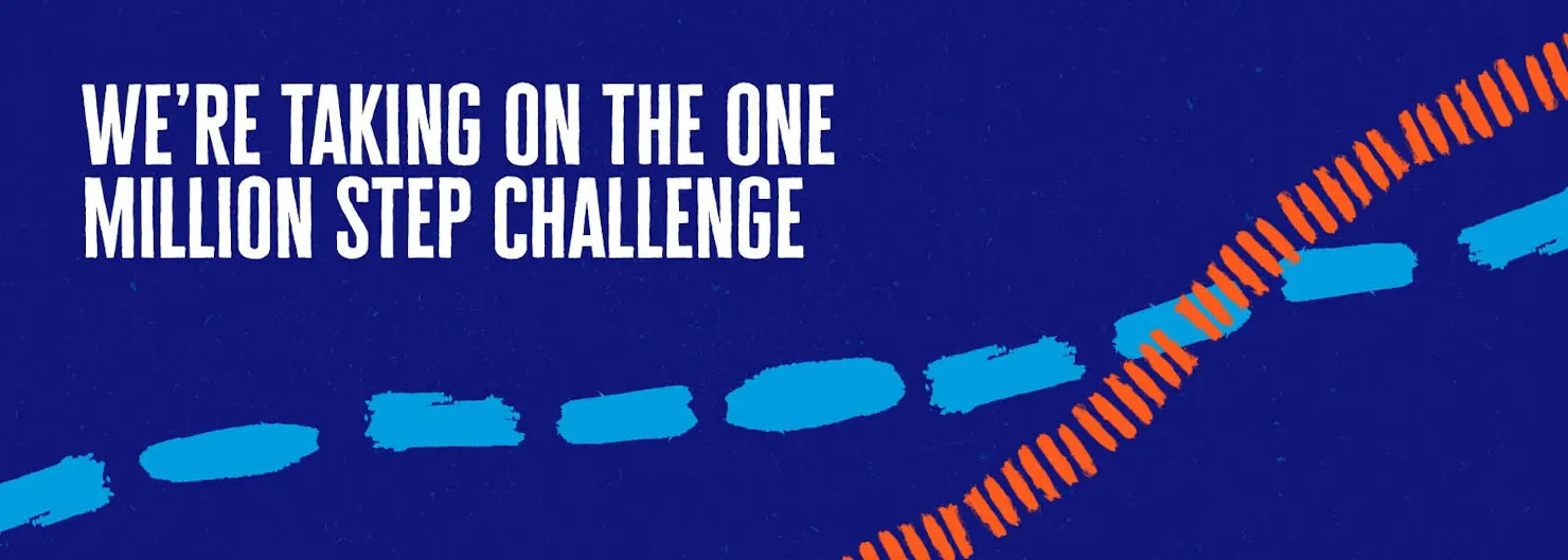 Text reading ‘We’re taking on the One Million Step Challenge’ over a blue background with stylised blue and orange step-like graphics.