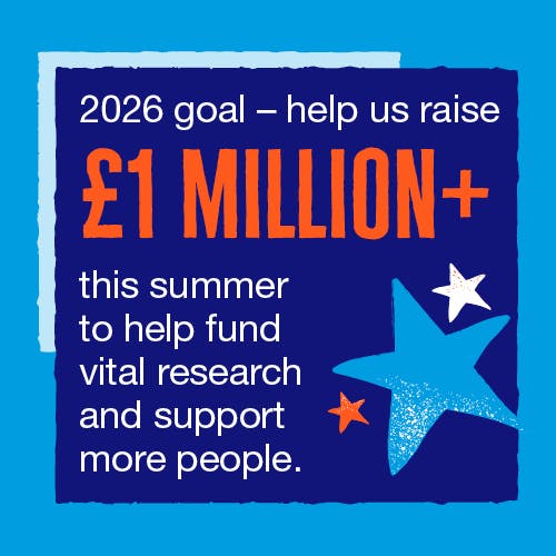 star image with the words "2026 goal - help us raised £1 million+ this summer to help fund vital research and support more people 