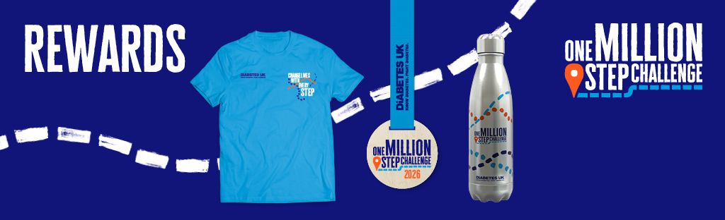 A blue “One Million Step Challenge” rewards display showing a T‑shirt, a medal, and a branded water bottle on a dark blue background.