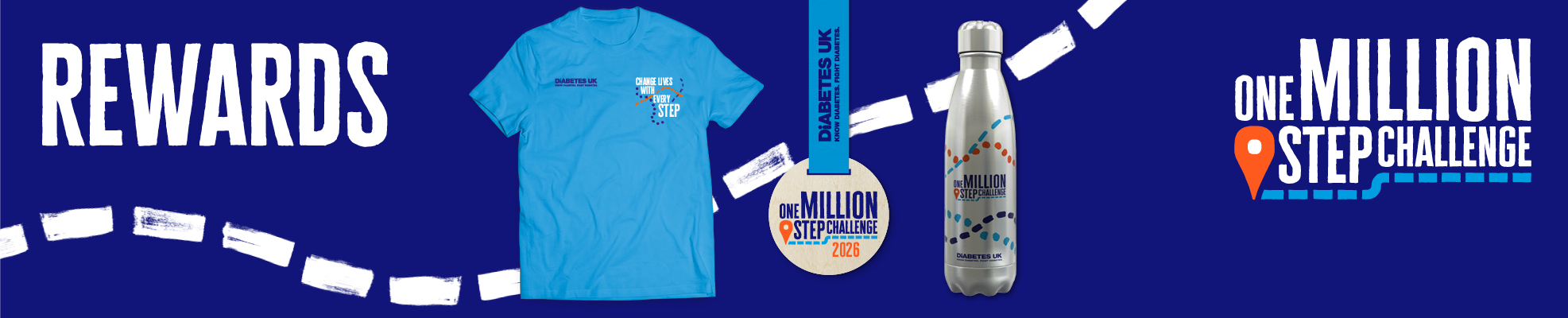 A blue “One Million Step Challenge” rewards display showing a T‑shirt, a medal, and a branded water bottle on a dark blue background.