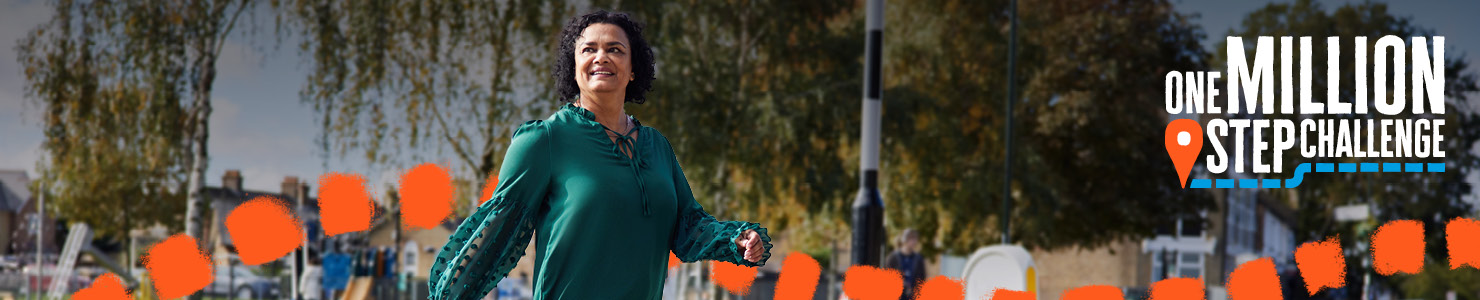 Woman walking across the road with the one million step challenge logo and dotted line showing her journey 