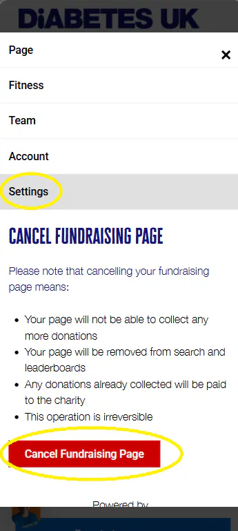 screenshot of 'settings' page on the justgiving profile page showing the options available