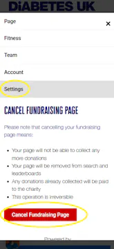 screenshot of 'settings' page on the justgiving profile page showing the options available