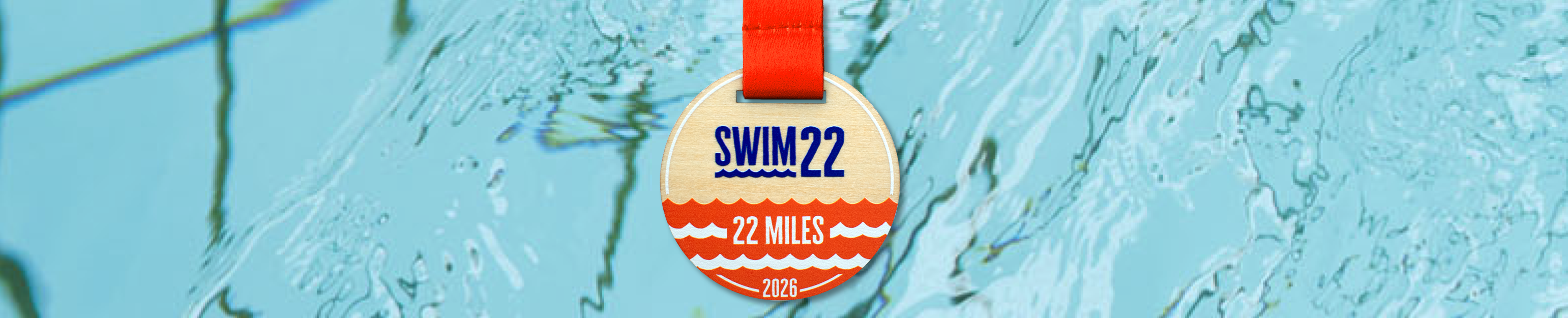 Swim22 22 miles medal on water background