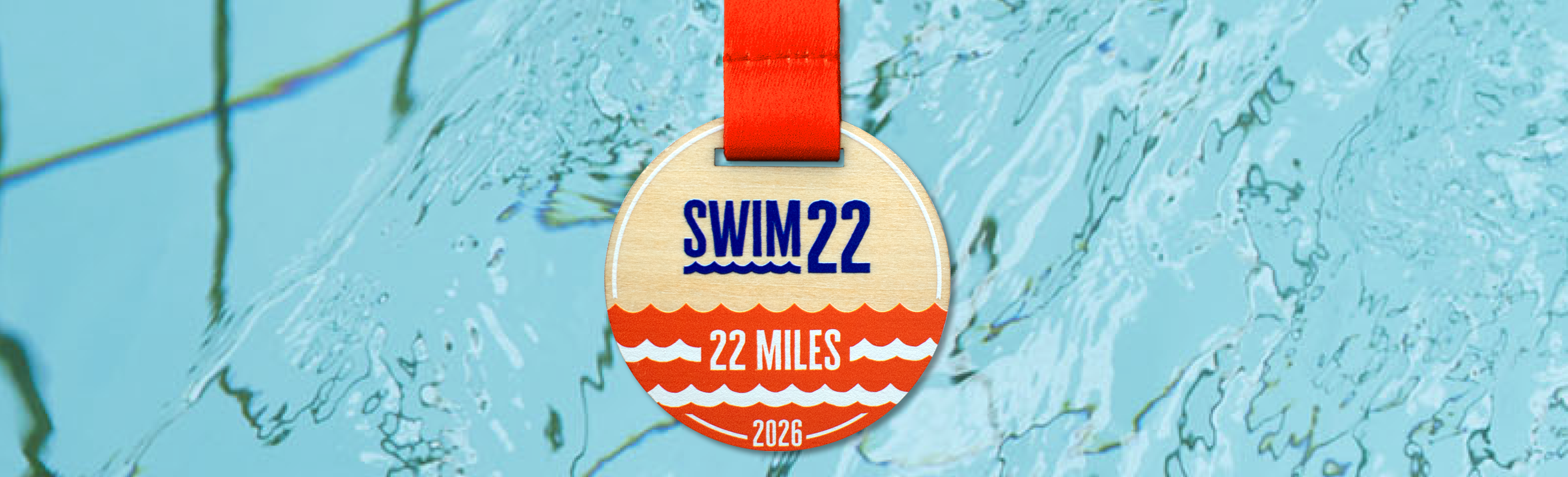 Swim22 22 miles medal on water background