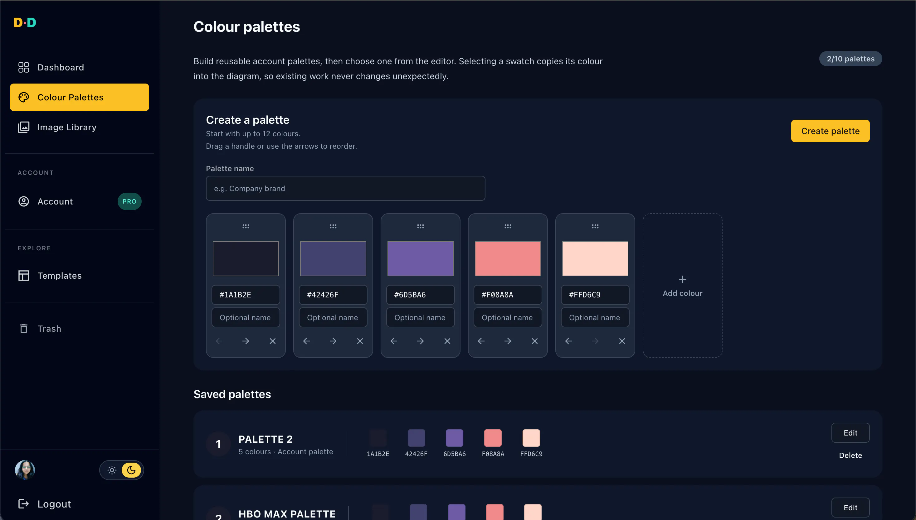 A screenshot of the palette management page